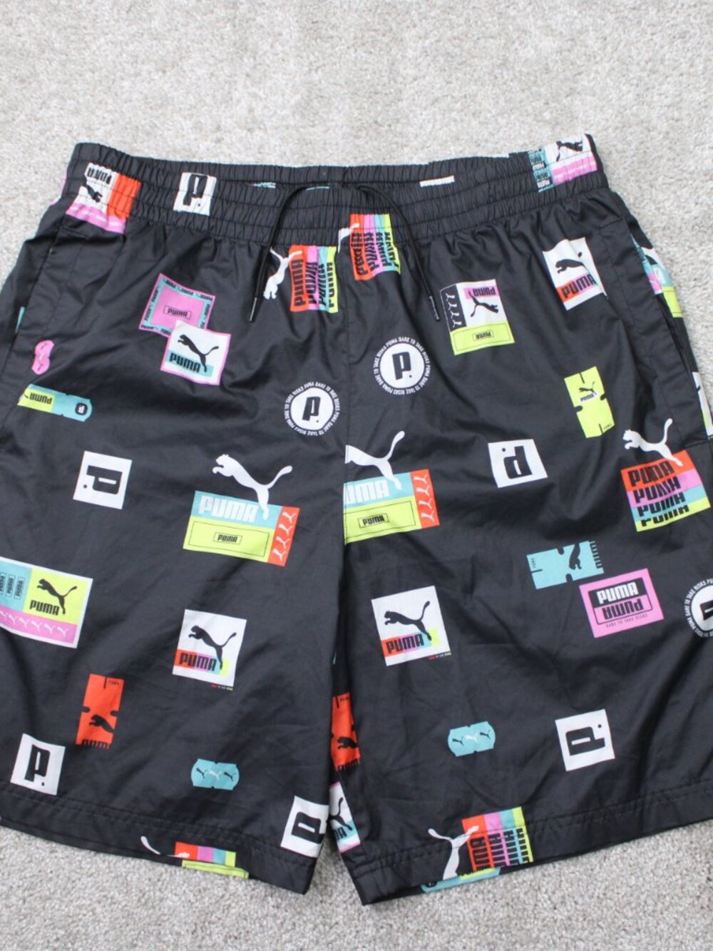 Puma AOP Shorts Mens Large Black 8" Brand Love All Over Print Woven Lined‎